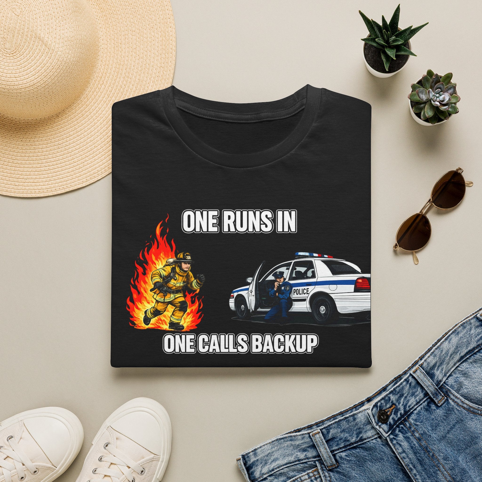 One Runs In One Calls Backup | Firefighter vs Police Humor Shirt
