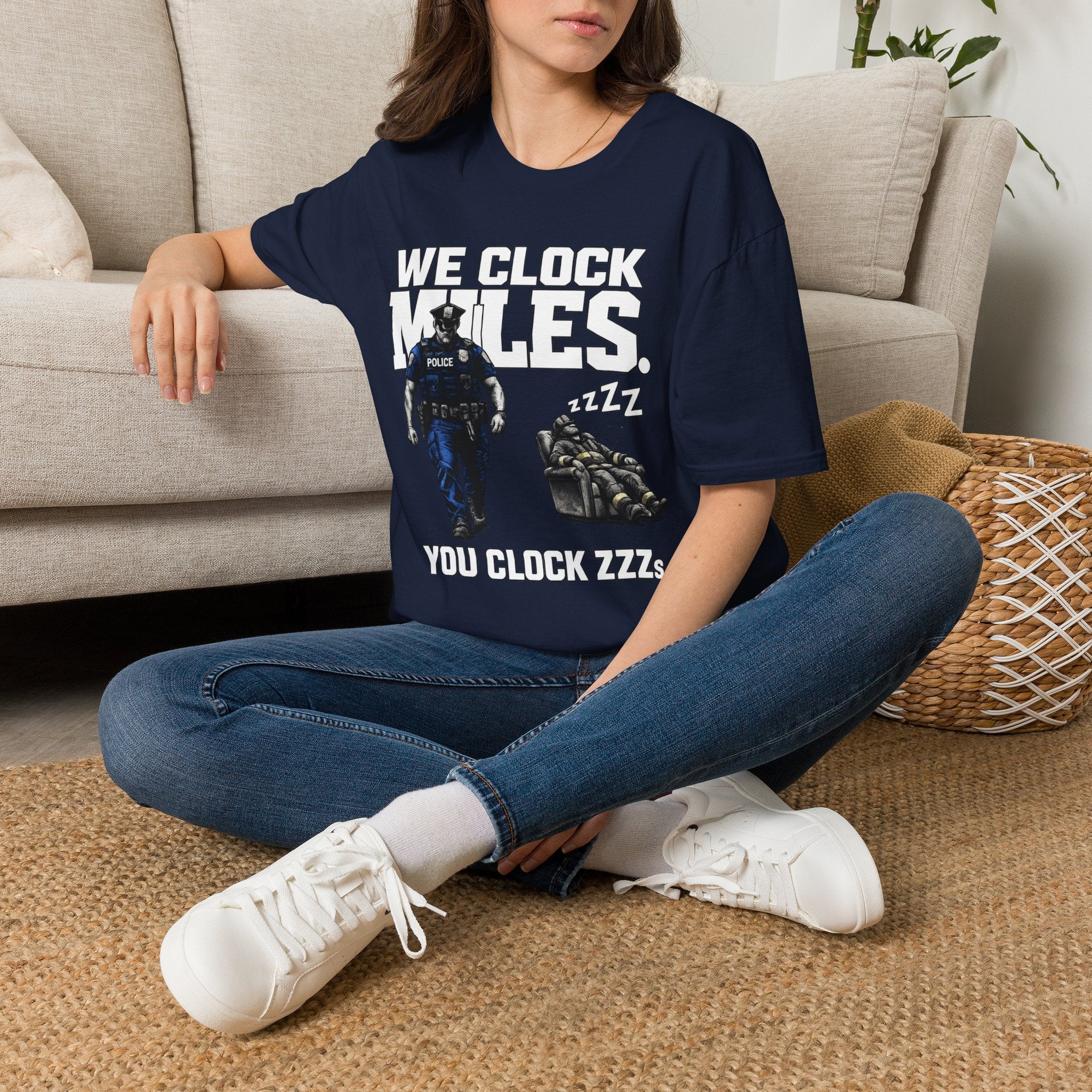 We Clock Miles You Clock Zzzz's | Funny Police vs Firefighter Shirt