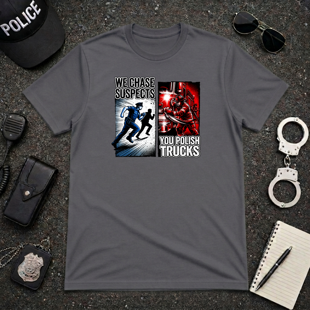 We Chase Suspects You Polish Trucks | Police vs Firefighter Humor Shirt