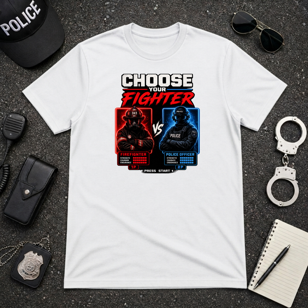 Choose Your Fighter | Firefighter vs Police Humor Shirt