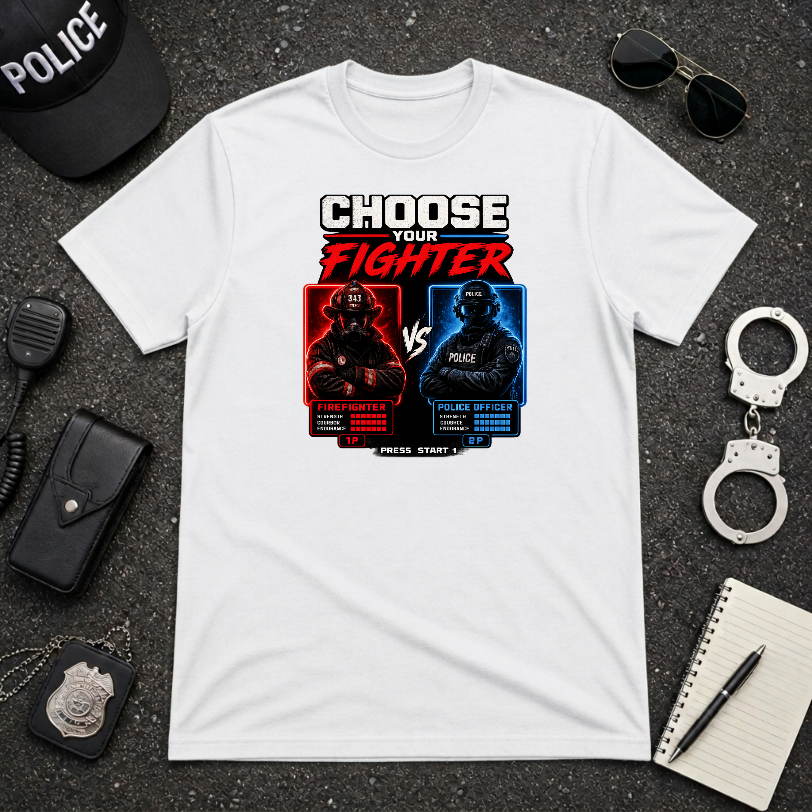 Choose Your Fighter | Firefighter vs Police Humor Shirt