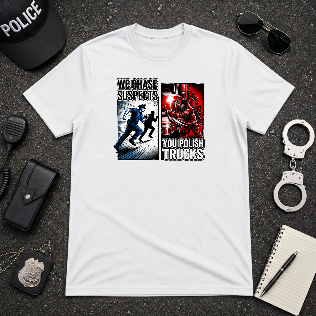 We Chase Suspects You Polish Trucks | Police vs Firefighter Humor Shirt