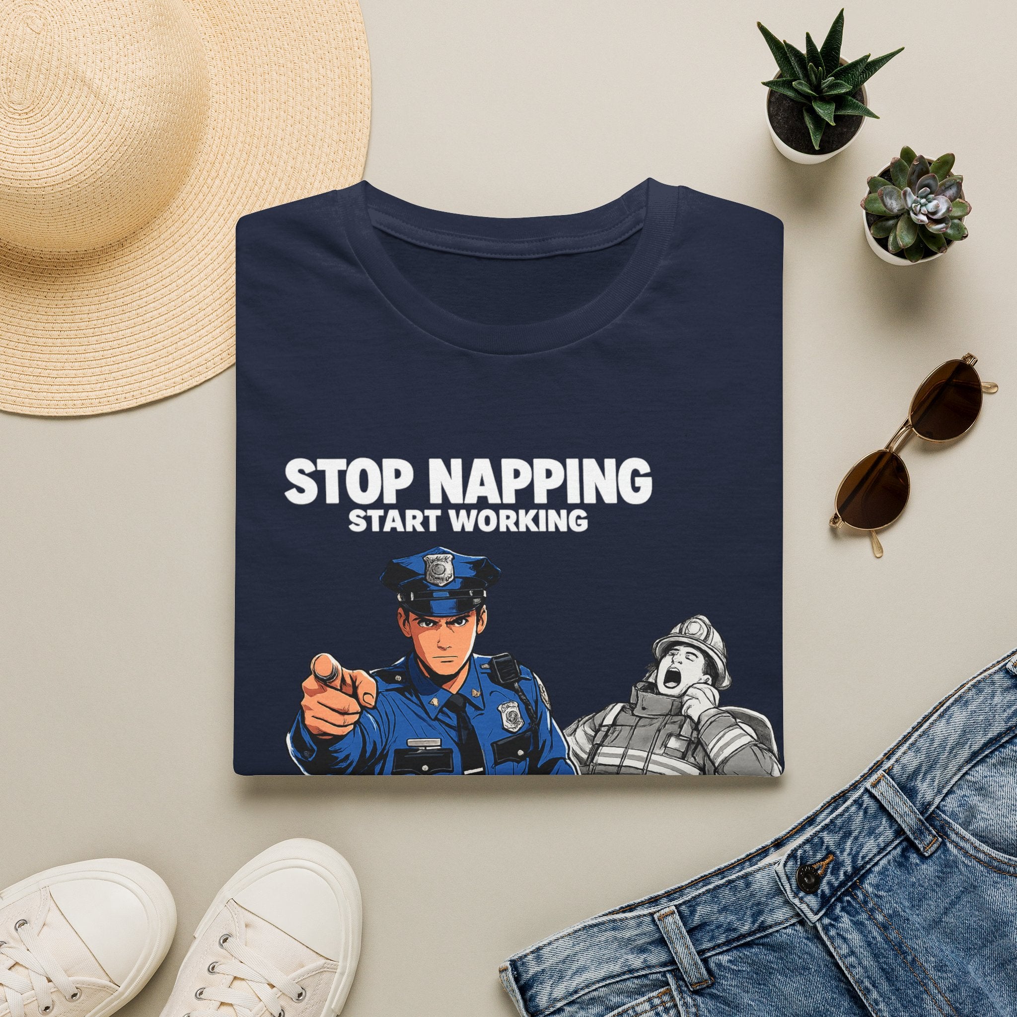 Stop Napping Start Working | Funny Cop vs Firefighter Shirt