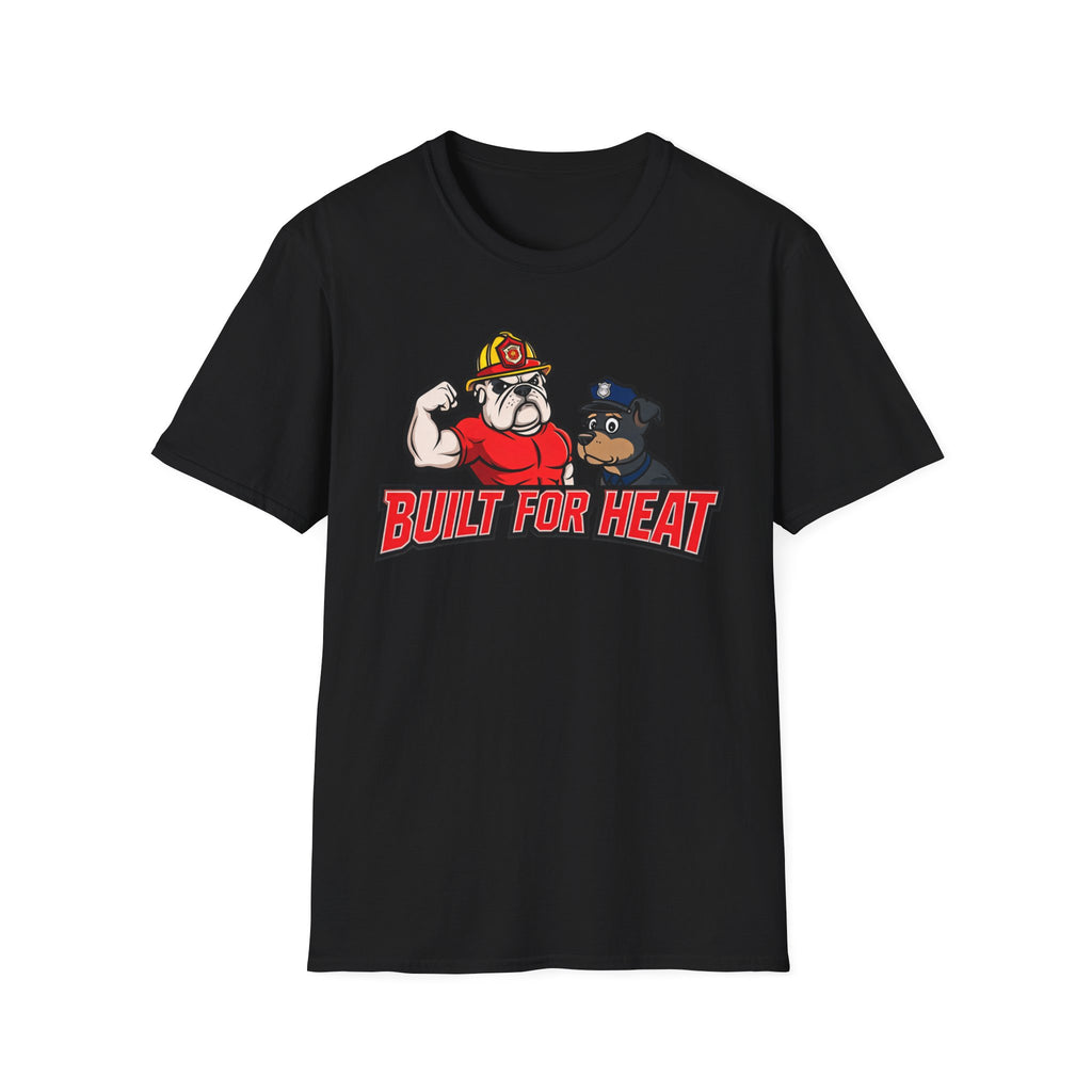 Black t-shirt with bulldog graphic and 'Built for Heat' text on a white background