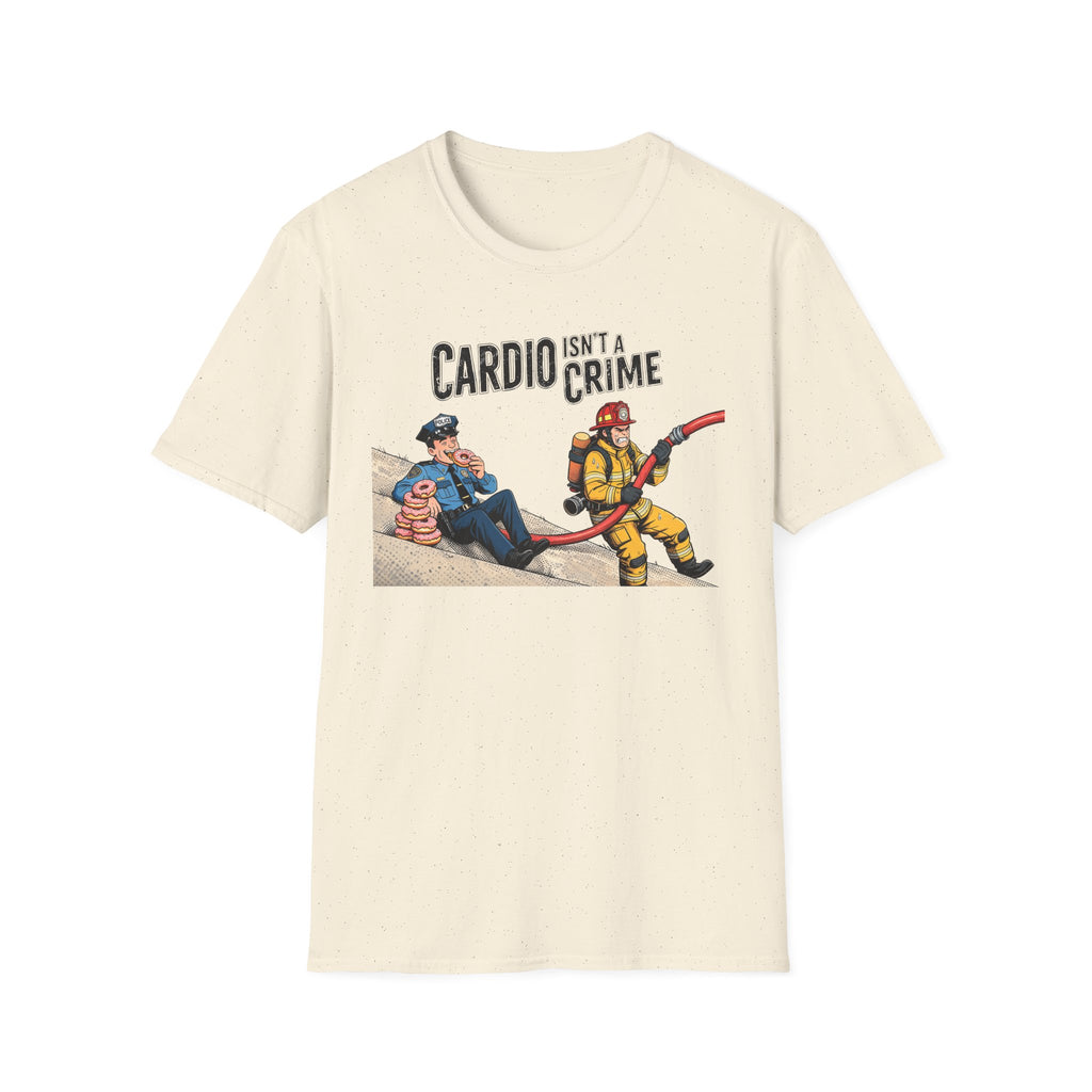 Beige t-shirt with graphic of two people and text 'Cardio Isn't a Crime' on a white background