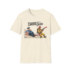 Beige t-shirt with graphic of two people and text 'Cardio Isn't a Crime' on a white background