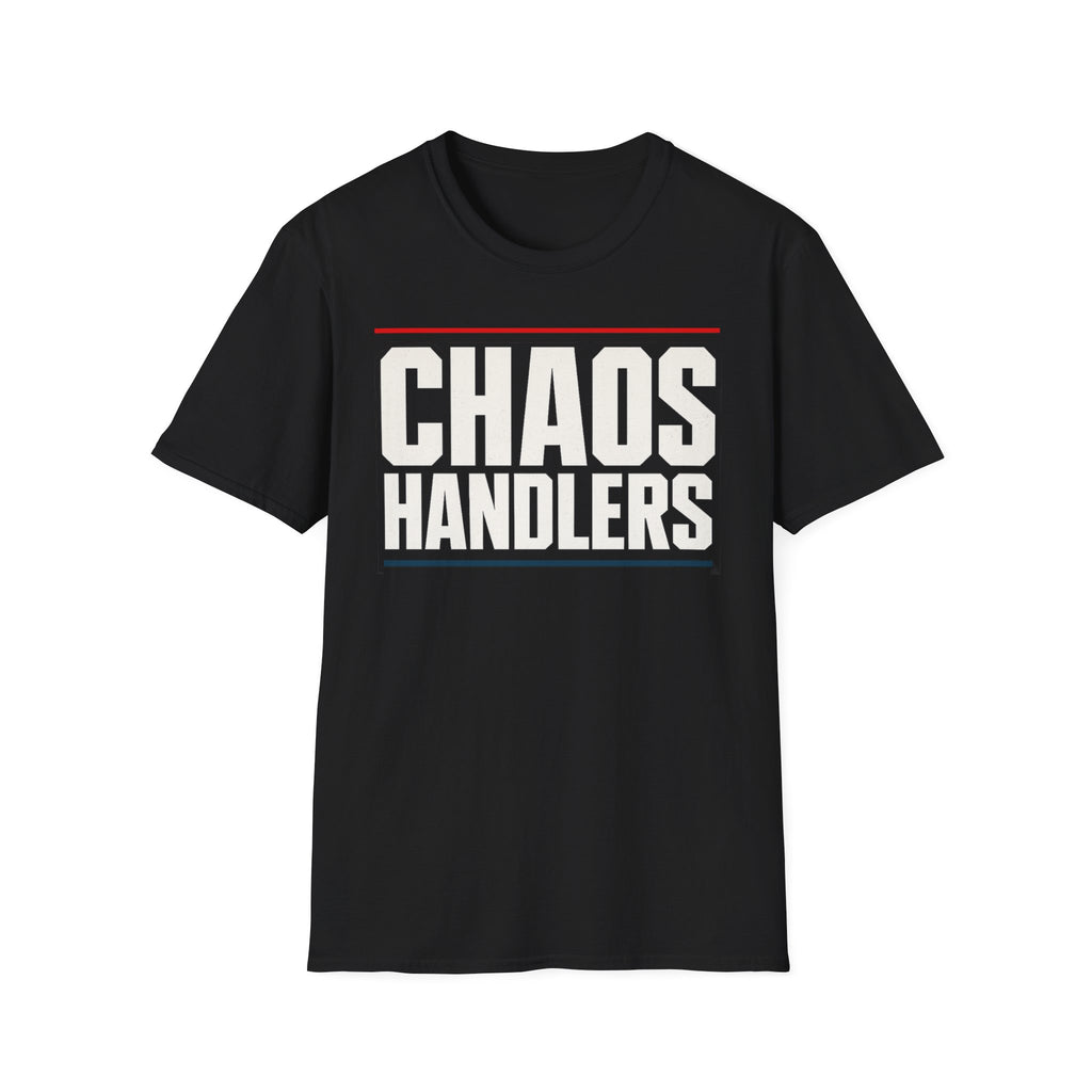 Black t-shirt with 'Chaos Handlers' text on a white background