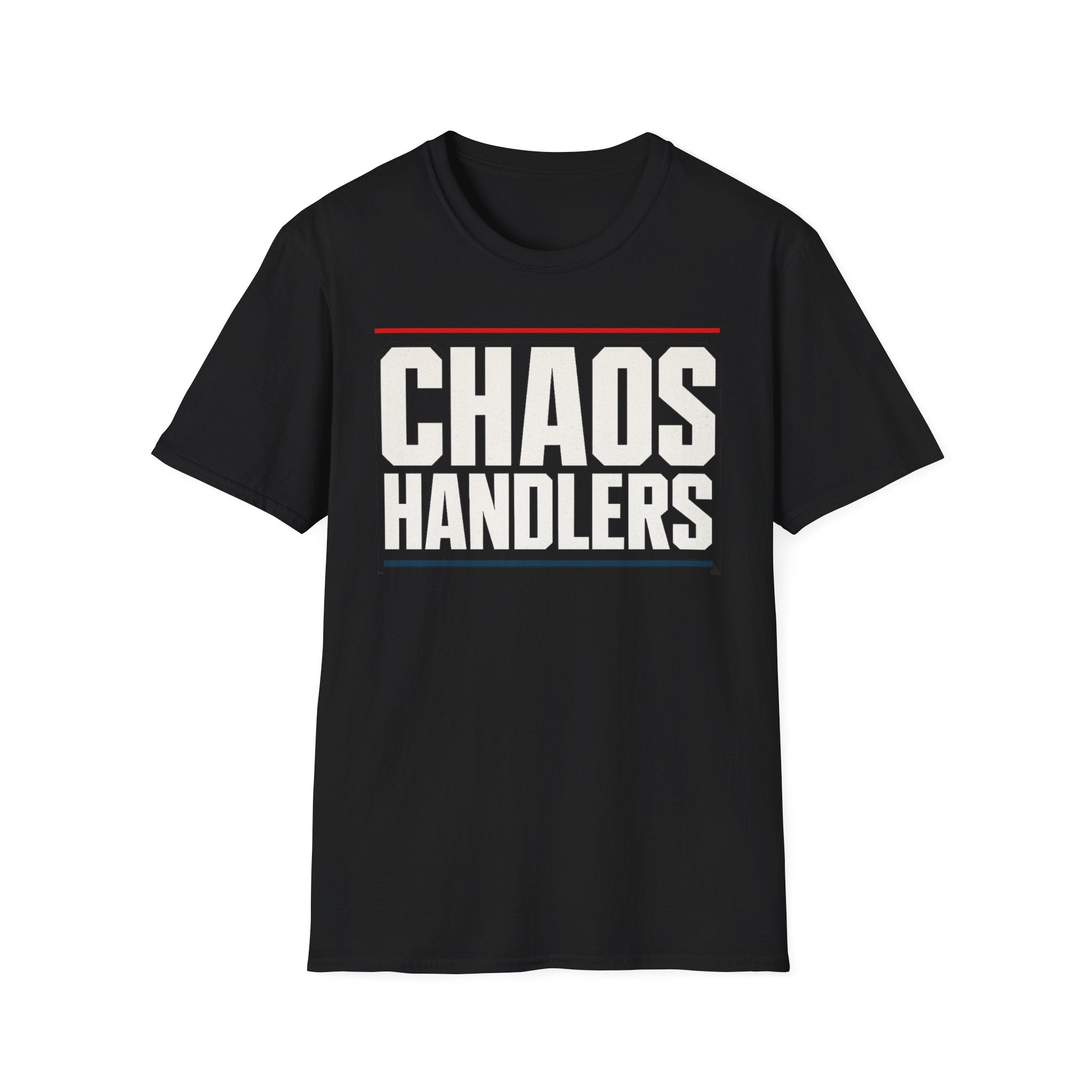 Black t-shirt with 'Chaos Handlers' text on a white background