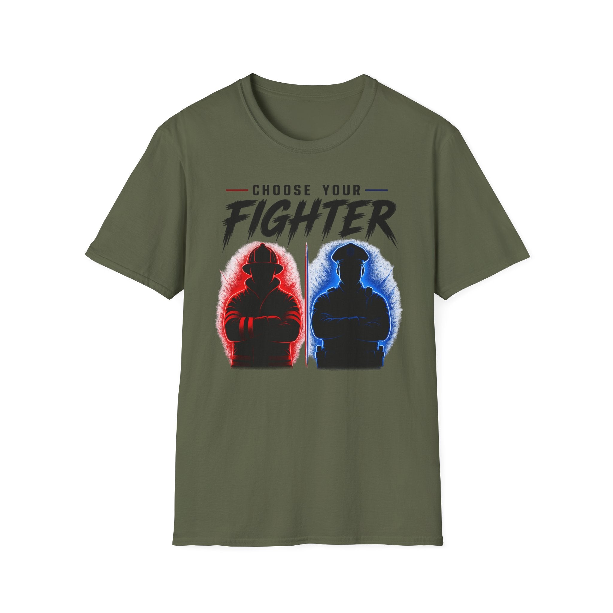 Green t-shirt with 'Choose Your Fighter' graphic design on a white background