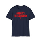 Navy blue t-shirt with Cops Watch Firefighters Work graphic on a white background