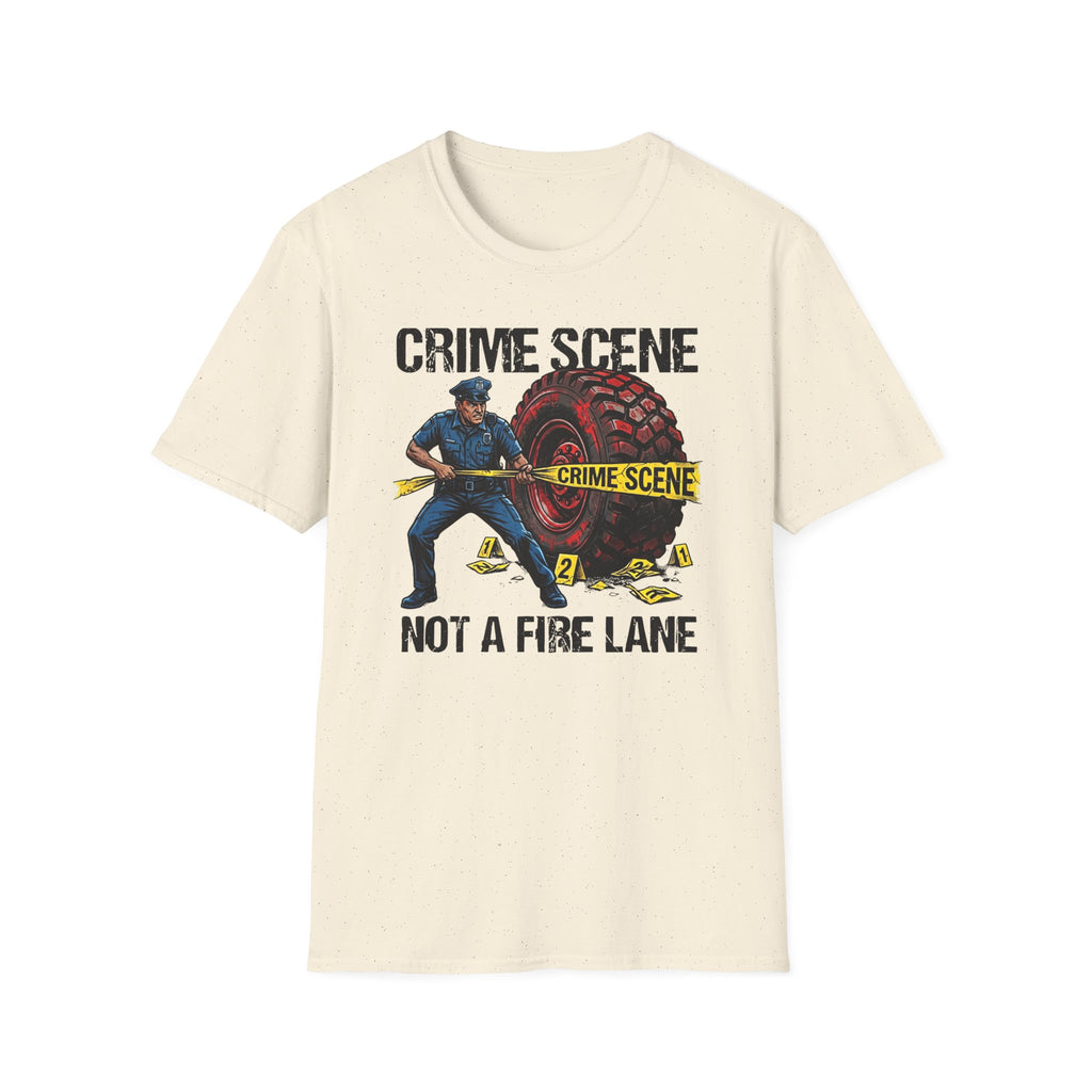 Beige t-shirt with graphic design of a person with a hose and text 'Crime Scene Not a Fire Lane' on a white background
