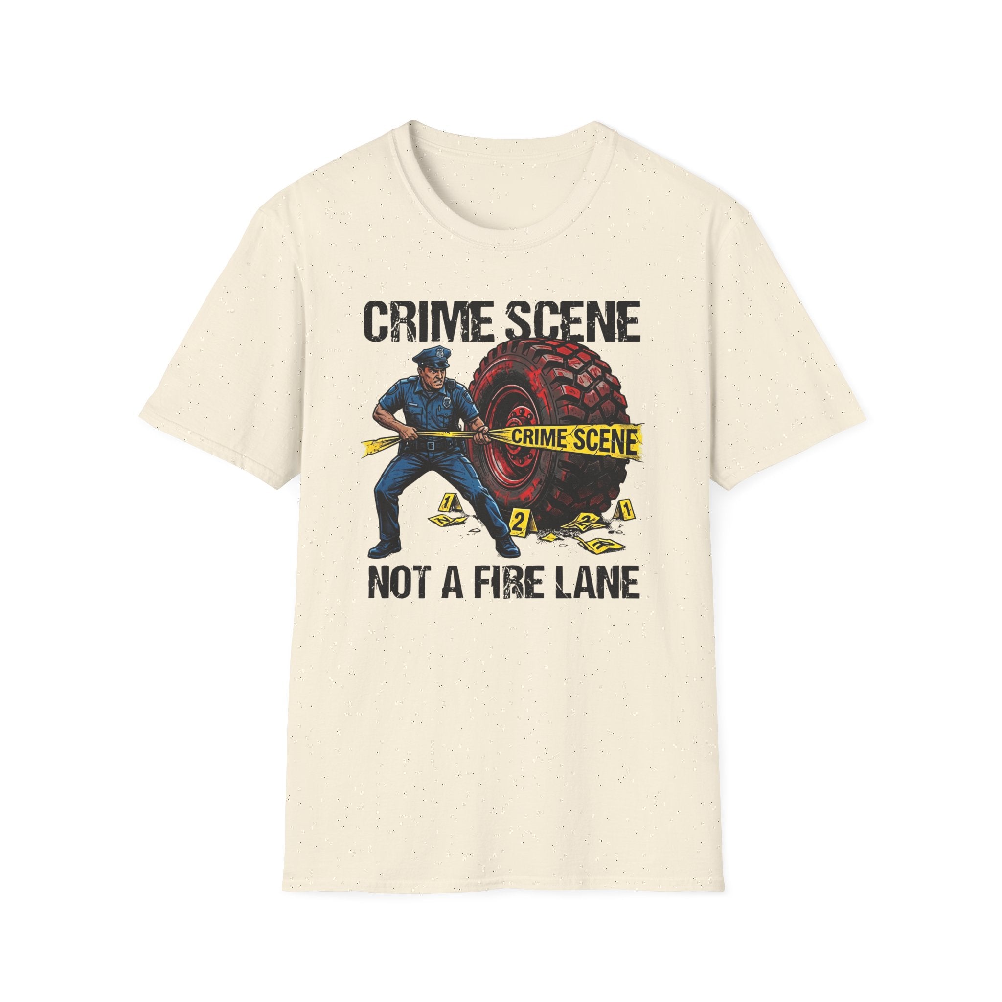 Beige t-shirt with graphic design of a person with a hose and text 'Crime Scene Not a Fire Lane' on a white background