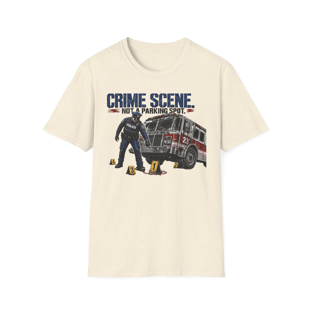 Beige t-shirt with a graphic of a police officer and police car, and text 'Crime Scene Not A Parking Spot' on a white background.