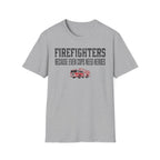 Blue t-shirt with graphic design and text 'Firefighters Because Even Cops Need Heroes' on a white background