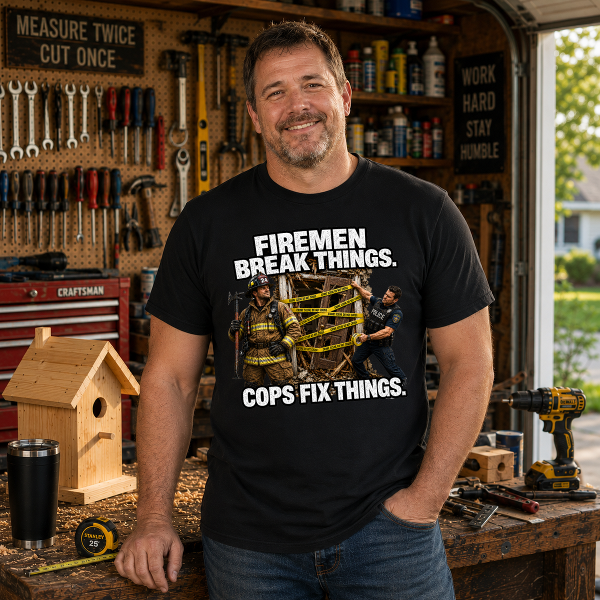 Firemen Break Things Cops Fix Things Police Firefighter T-Shirt