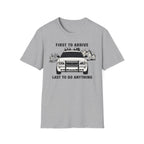 Gray t-shirt with a graphic of a police car and First To Arrive Last To Do Anything text on a white background