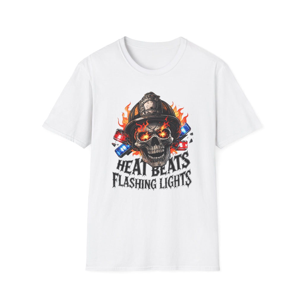 White t-shirt with a skull wearing a firefighter helmet and text 'HEAT BEATS FLASHING LIGHTS' on a white background