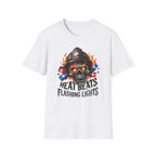 White t-shirt with a skull wearing a firefighter helmet and text 'HEAT BEATS FLASHING LIGHTS' on a white background