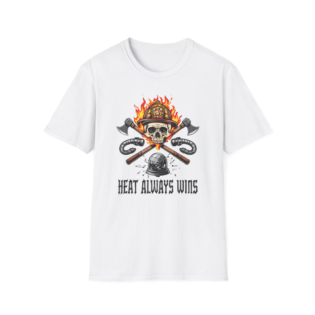 White t-shirt with skull and crossed axes graphic and 'HEAT ALWAYS WINS' text on a white background