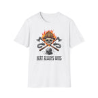 White t-shirt with skull and crossed axes graphic and 'HEAT ALWAYS WINS' text on a white background