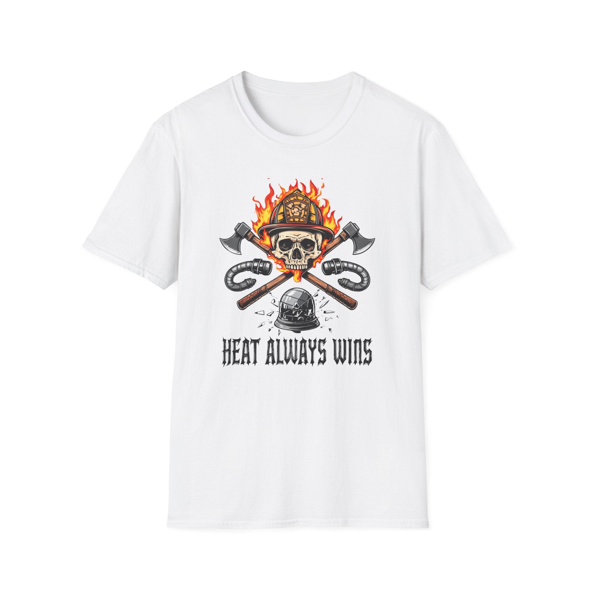 White t-shirt with skull and crossed axes graphic and 'HEAT ALWAYS WINS' text on a white background