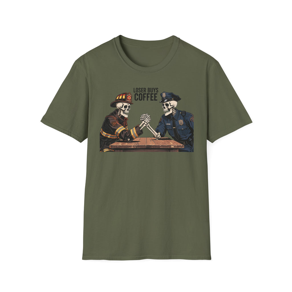 Green t-shirt with a graphic of two skeletons in police and firefighter uniforms shaking hands over 'Loser Guys Coffee'.