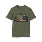 Green t-shirt with a graphic of two skeletons in police and firefighter uniforms shaking hands over 'Loser Guys Coffee'.