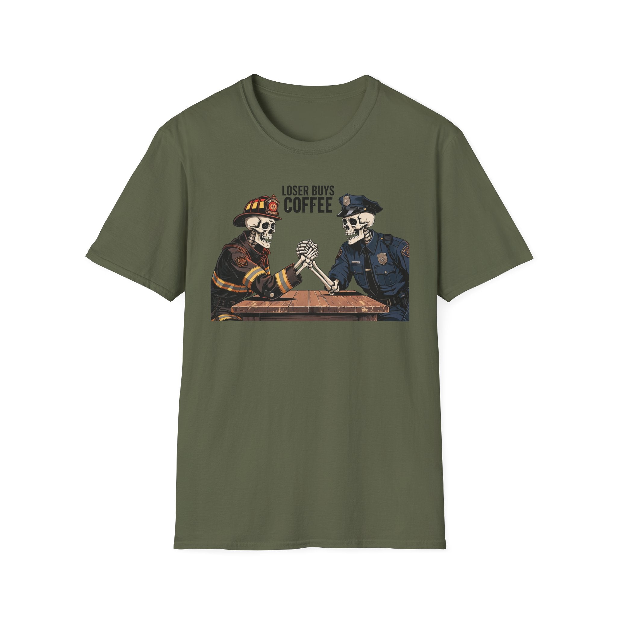 Green t-shirt with a graphic of two skeletons in police and firefighter uniforms shaking hands over 'Loser Guys Coffee'.
