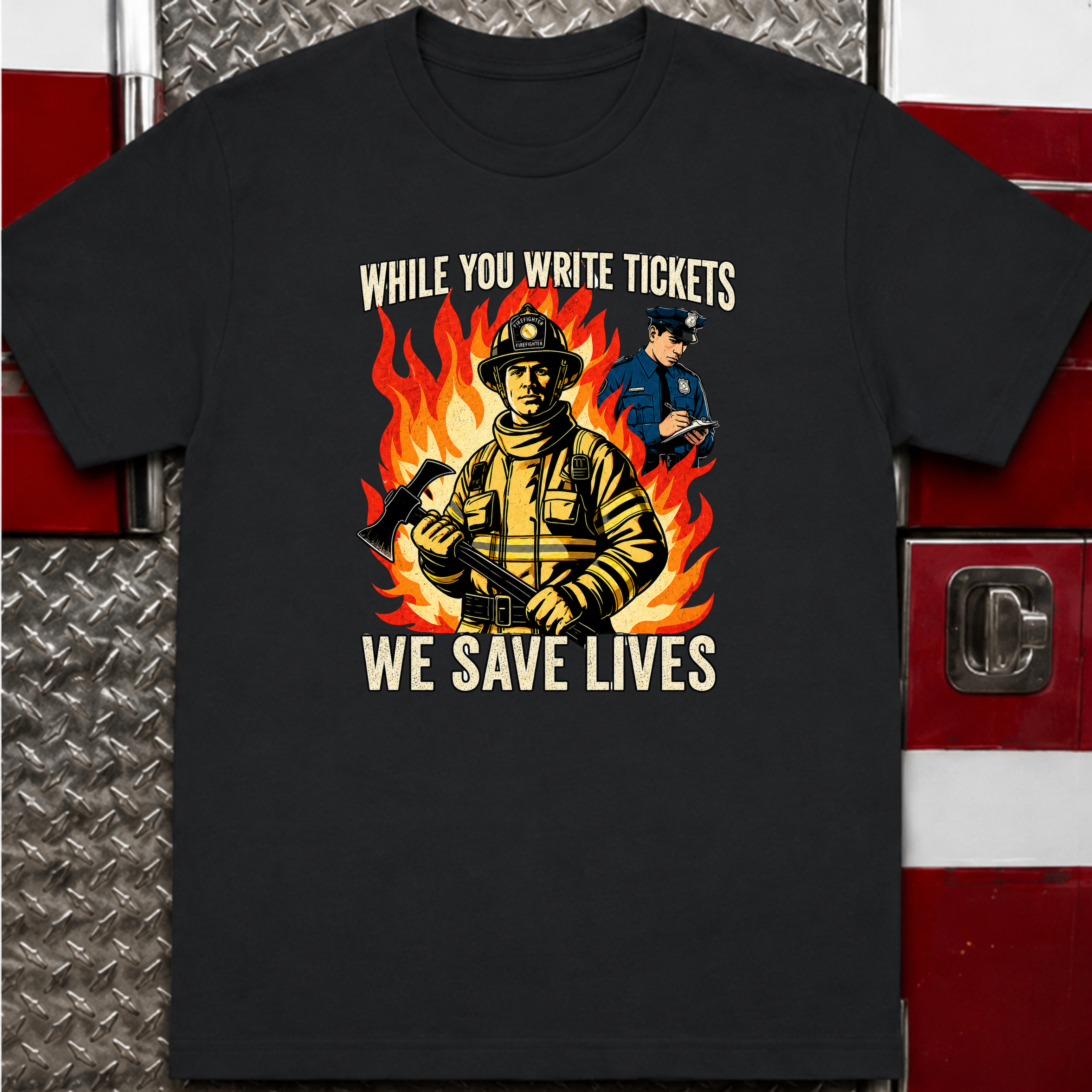 While You Write Tickets We Save Lives | Funny Firefighter vs Police Shirt