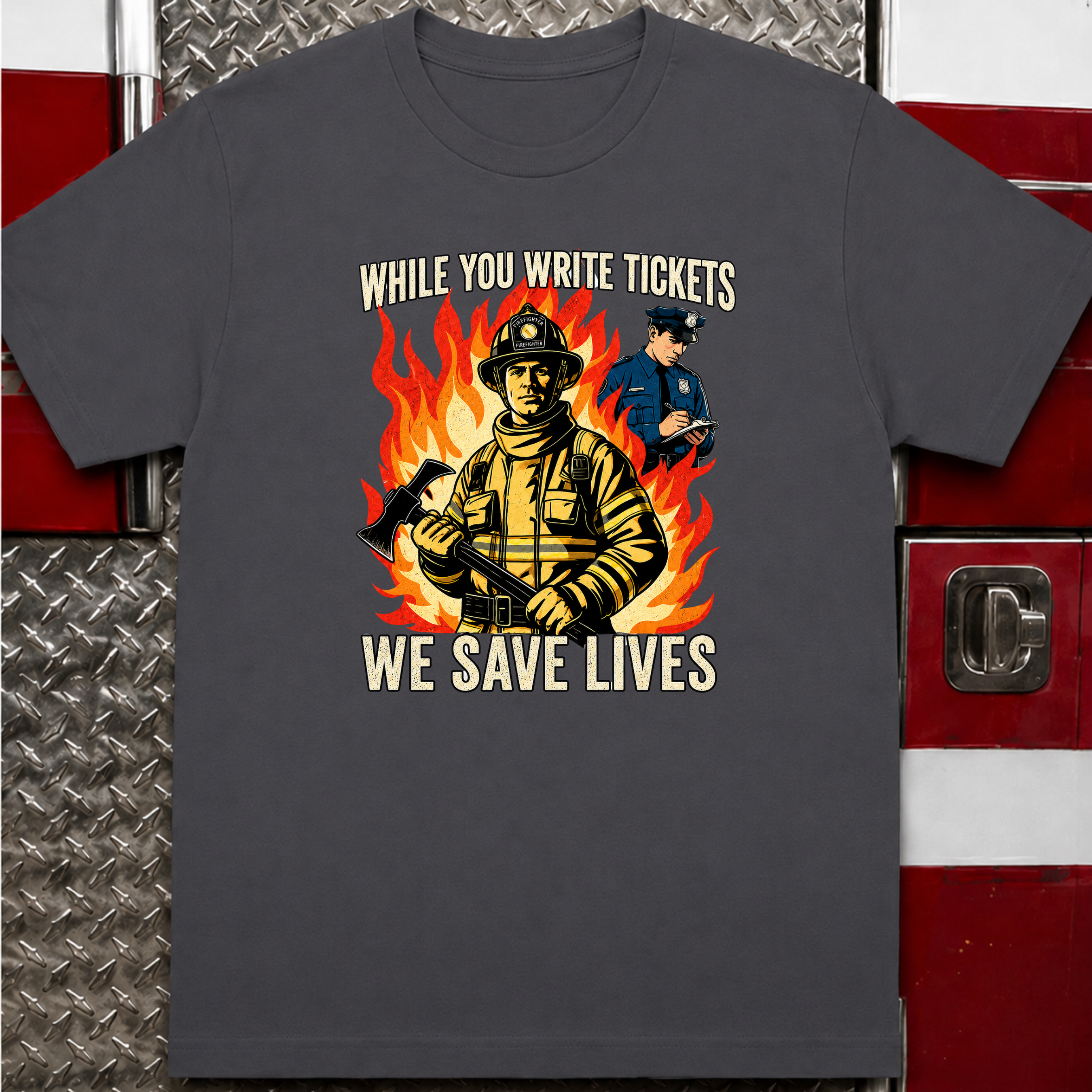 While You Write Tickets We Save Lives | Funny Firefighter vs Police Shirt