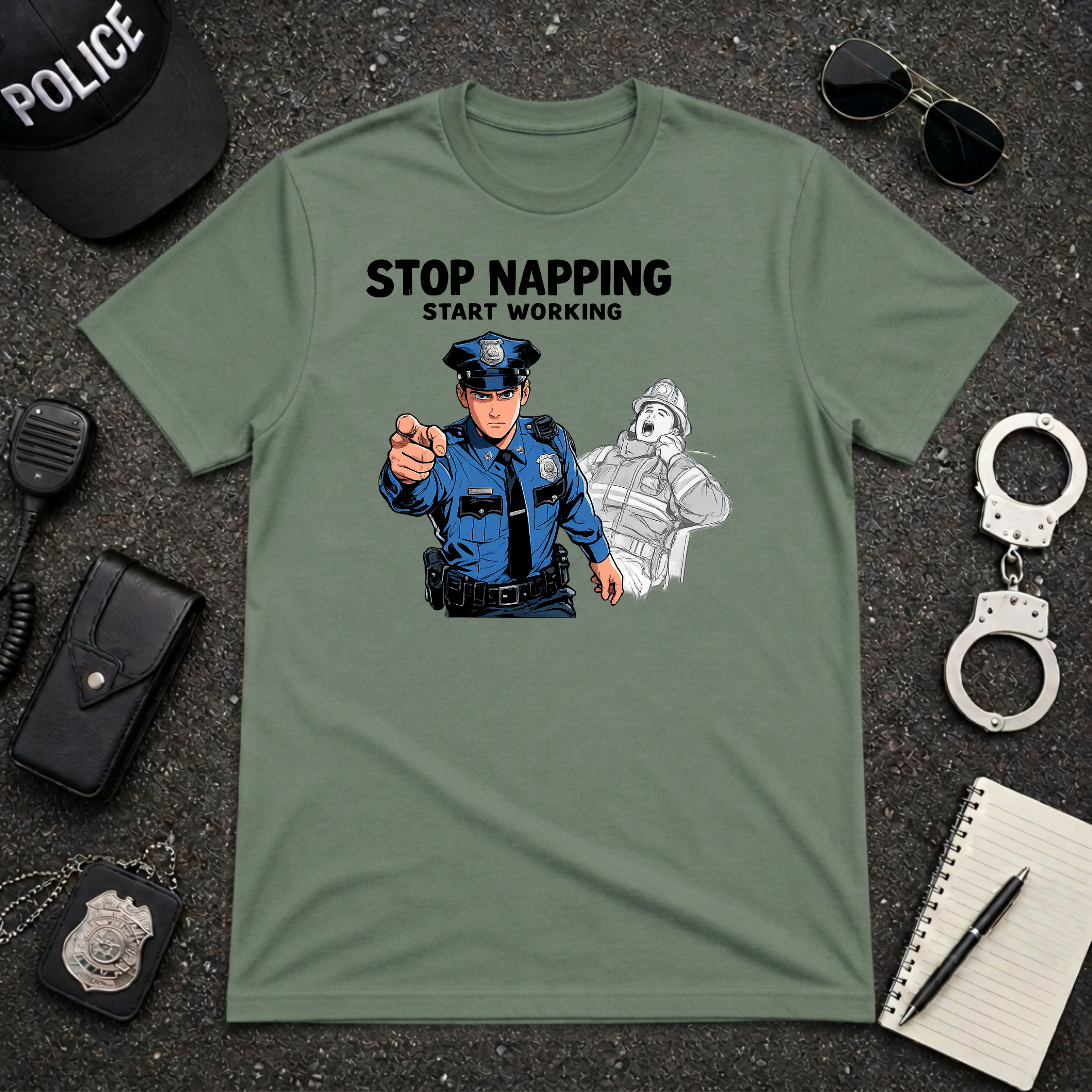 Stop Napping Start Working | Funny Cop vs Firefighter Shirt