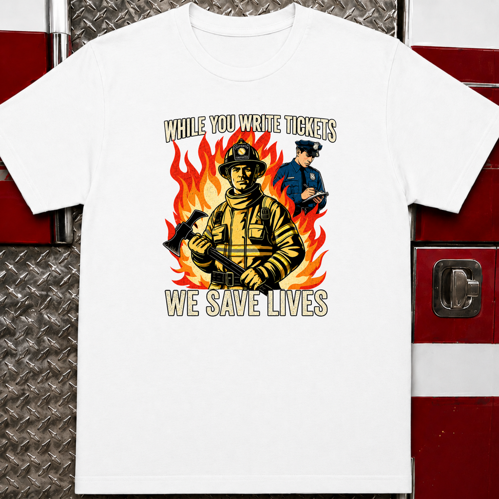 While You Write Tickets We Save Lives | Funny Firefighter vs Police Shirt