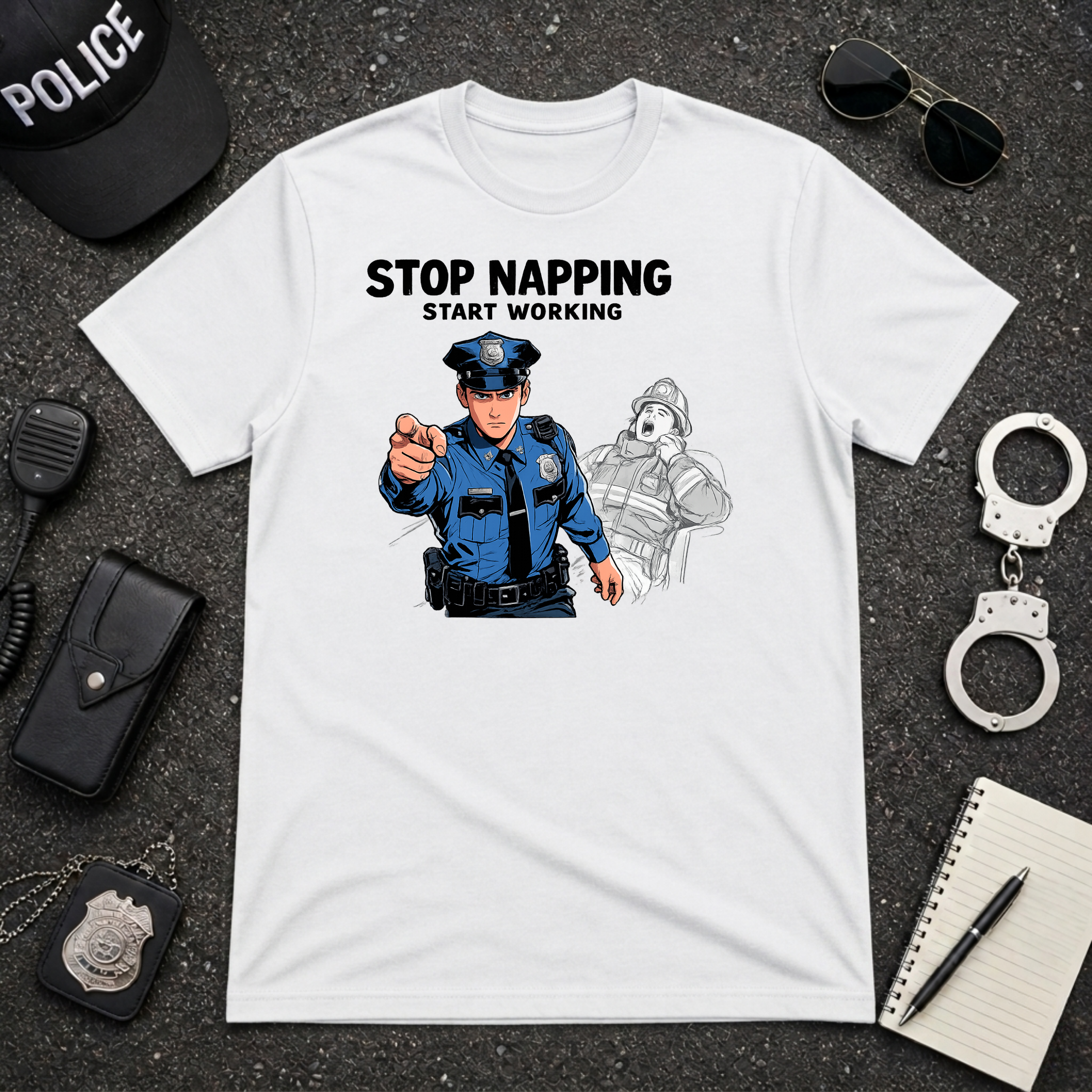 Stop Napping Start Working | Funny Cop vs Firefighter Shirt