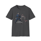 Dark gray t-shirt with a graphic of a police officer and Out There Not Back There text on a white background