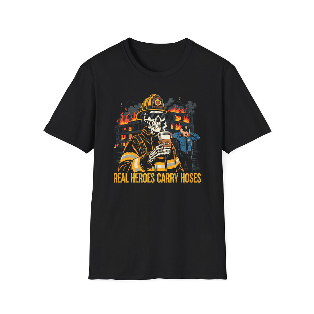 Black t-shirt with a graphic of a skeleton in a firefighter outfit and text 'Real Heroes Carry Hoses' on a white background.