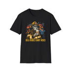 Black t-shirt with a graphic of a skeleton in a firefighter outfit and text 'Real Heroes Carry Hoses' on a white background.