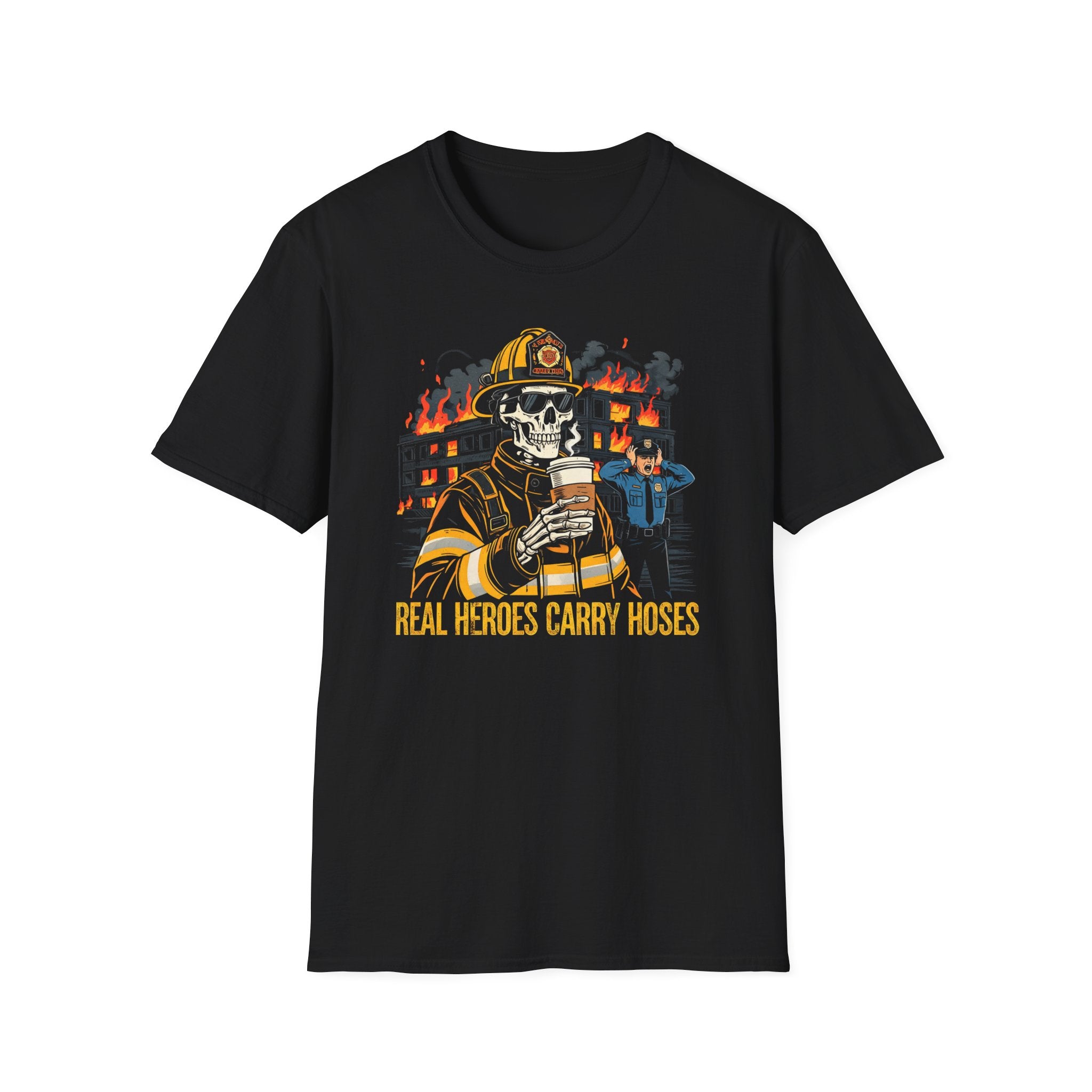 Black t-shirt with a graphic of a skeleton in a firefighter outfit and text 'Real Heroes Carry Hoses' on a white background.