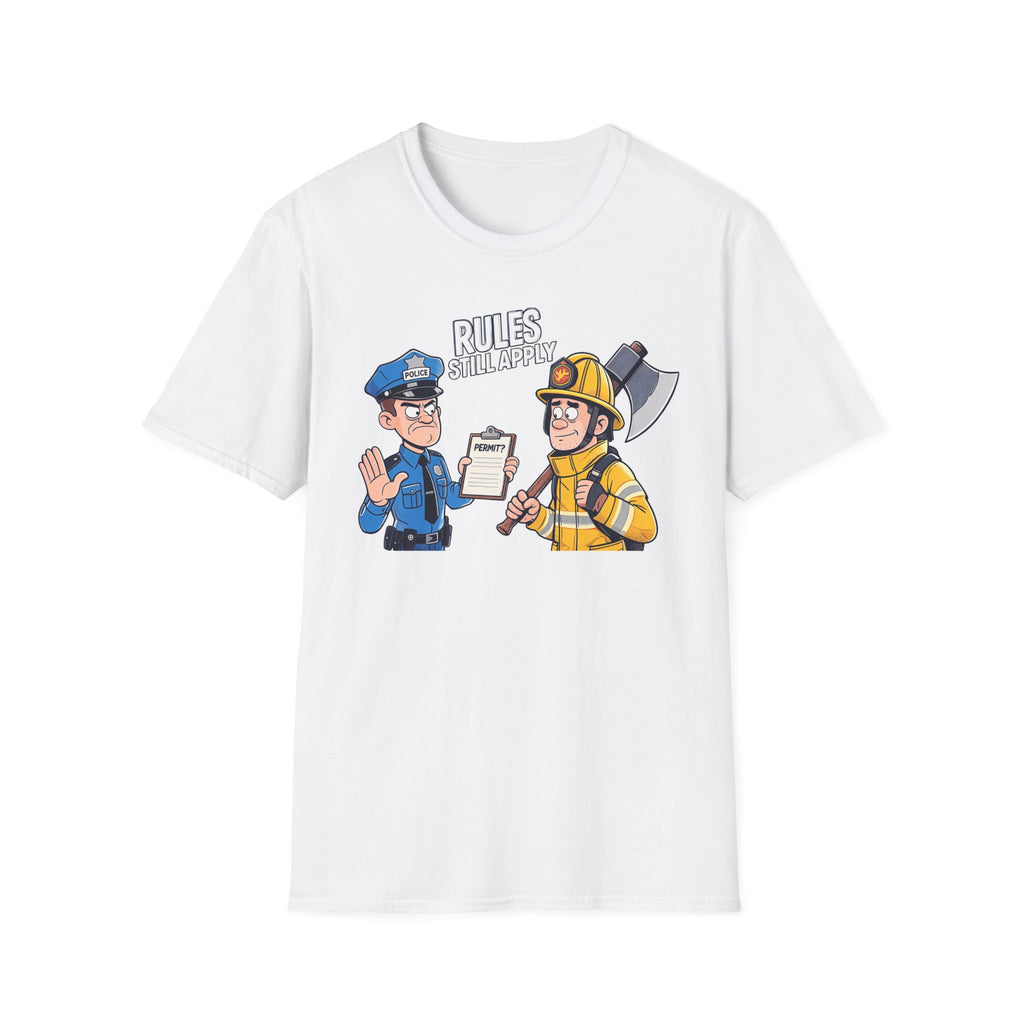White t-shirt with cartoon police officer and firefighter design on a white background Rules Still Apply.