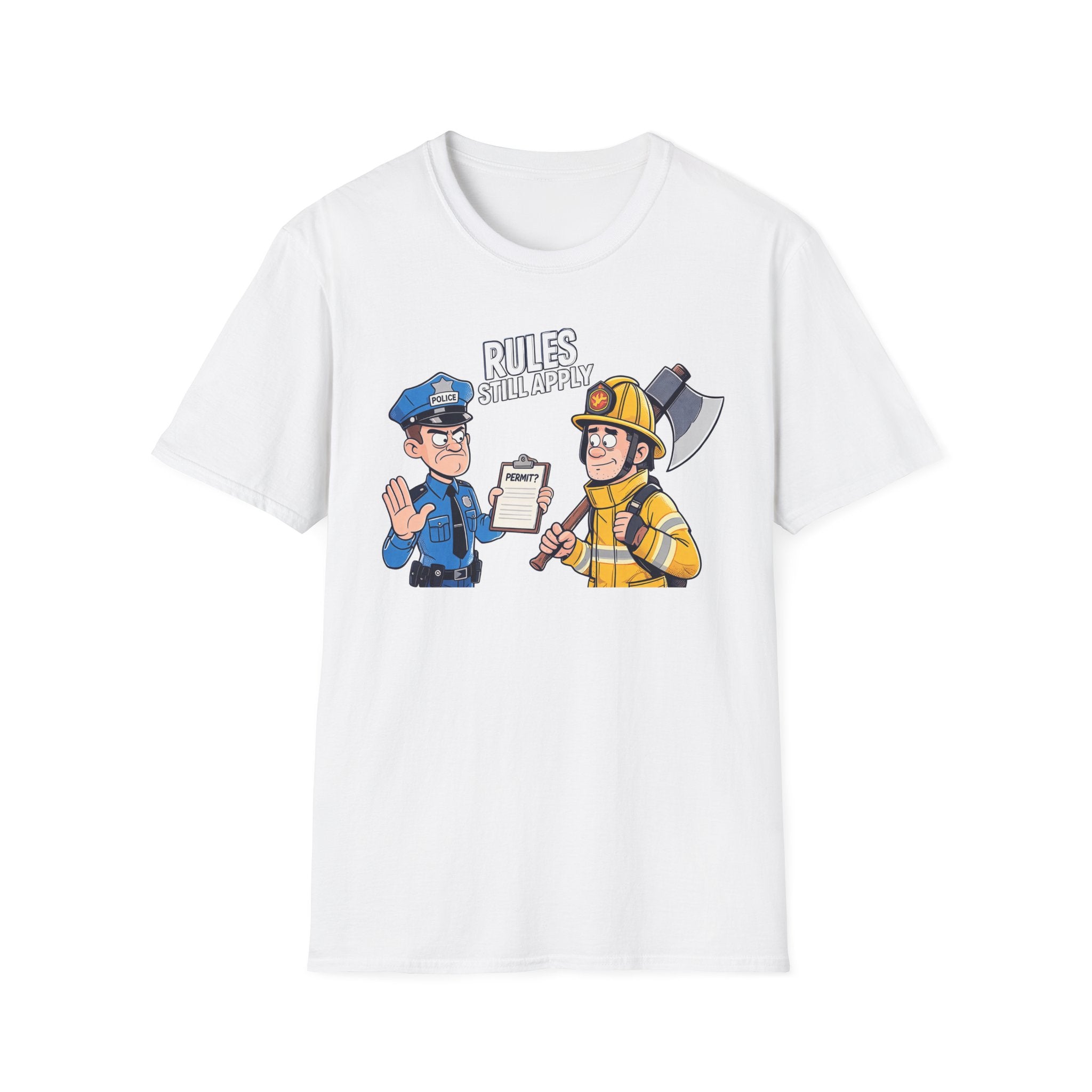 White t-shirt with cartoon police officer and firefighter design on a white background Rules Still Apply.