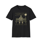 Brown t-shirt with a small graphic on the chest against a white background Waiting For The Others Guys To Do The Real Work