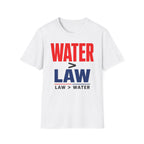 White t-shirt with 'WATER > LAW' text design on a white background