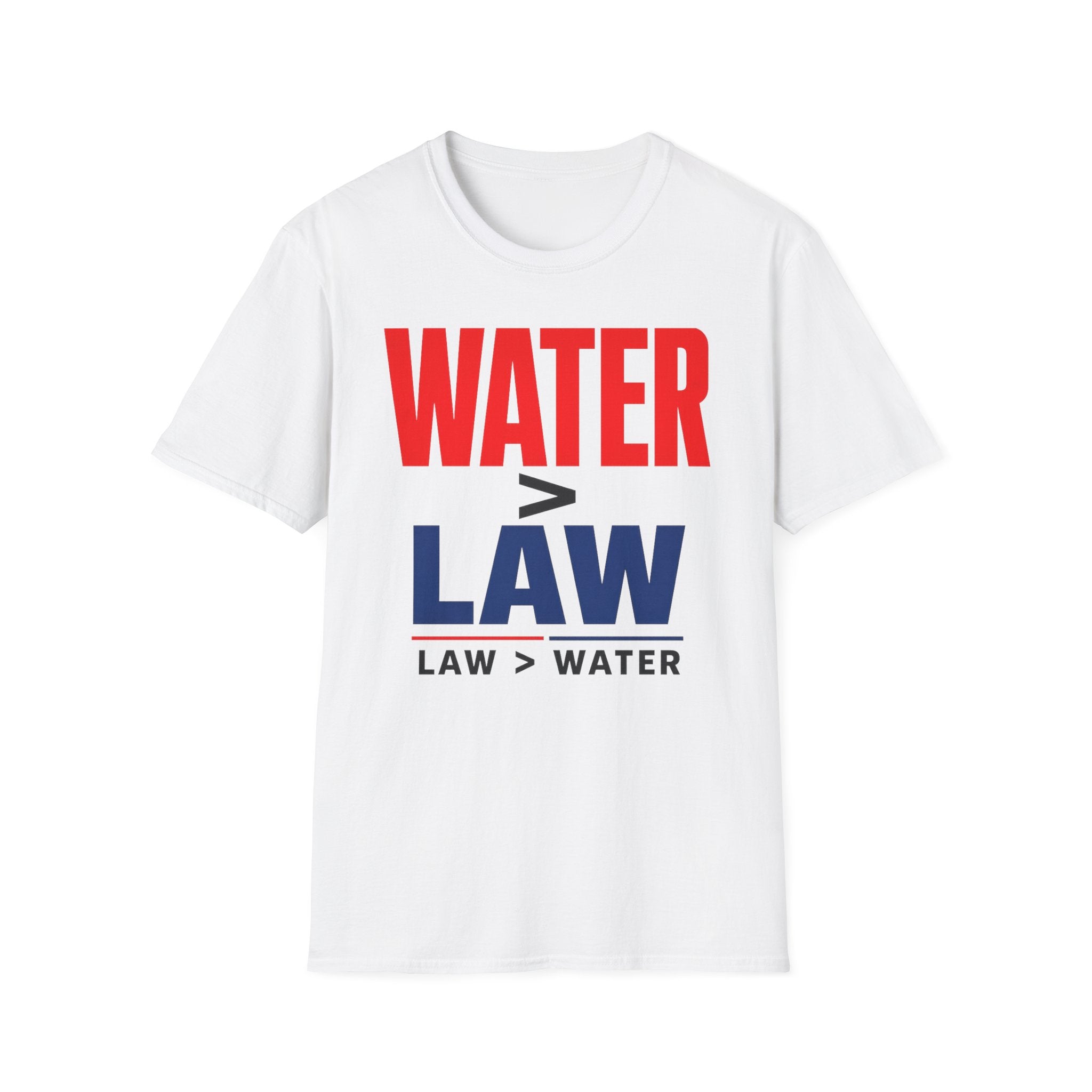 White t-shirt with 'WATER > LAW' text design on a white background