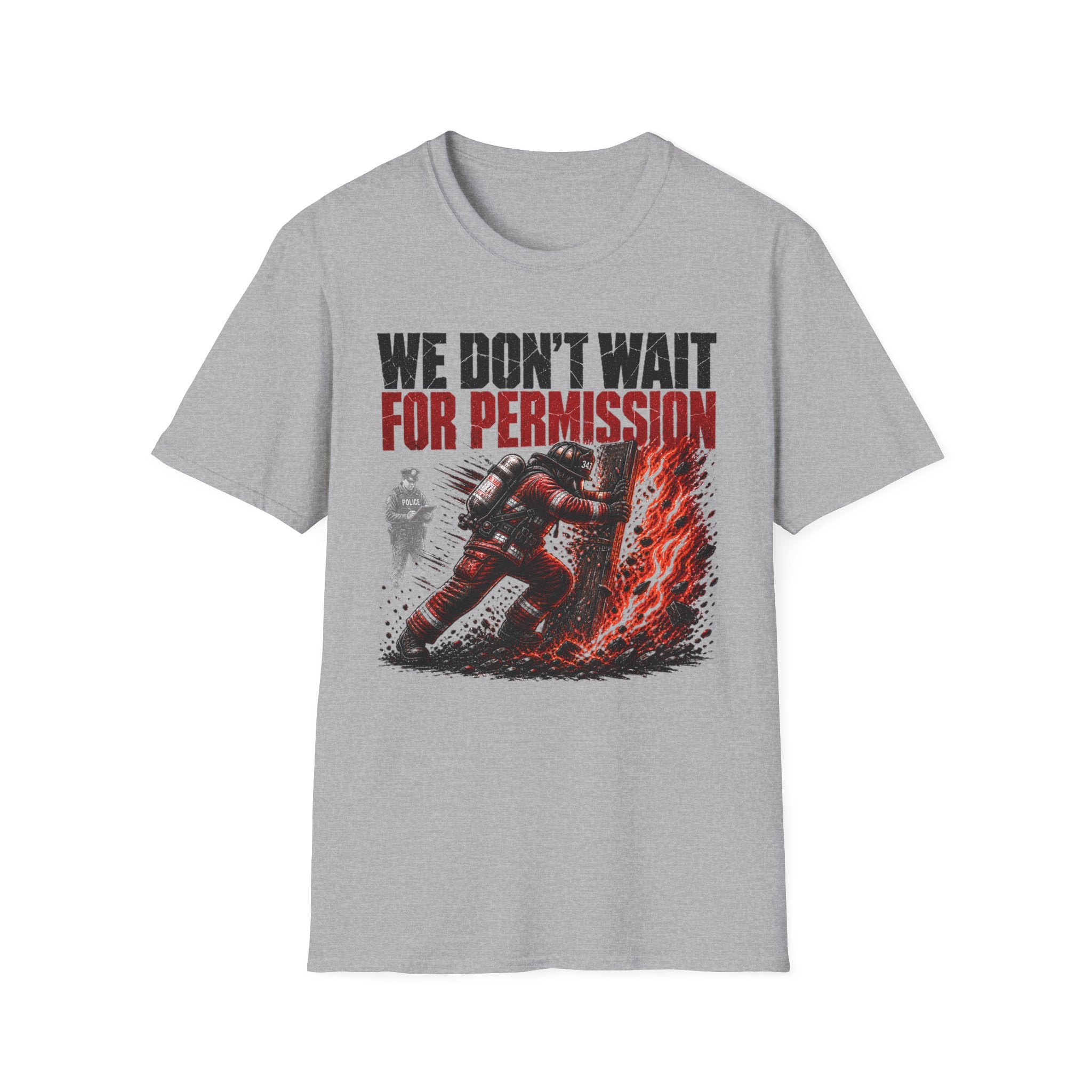Gray t-shirt with graphic design and text 'We Don't Wait for Permission' on a white background