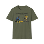 Green t-shirt with graphic design and text 'We Protect The Evidence You Walk Through It' on a white background