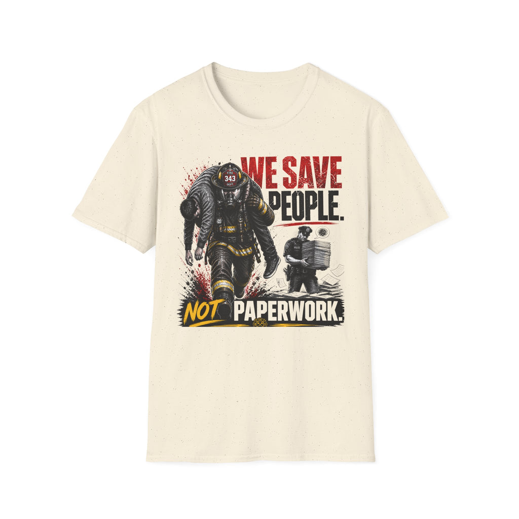 Beige t-shirt with graphic design and text 'We save people, not paperwork' on a white background
