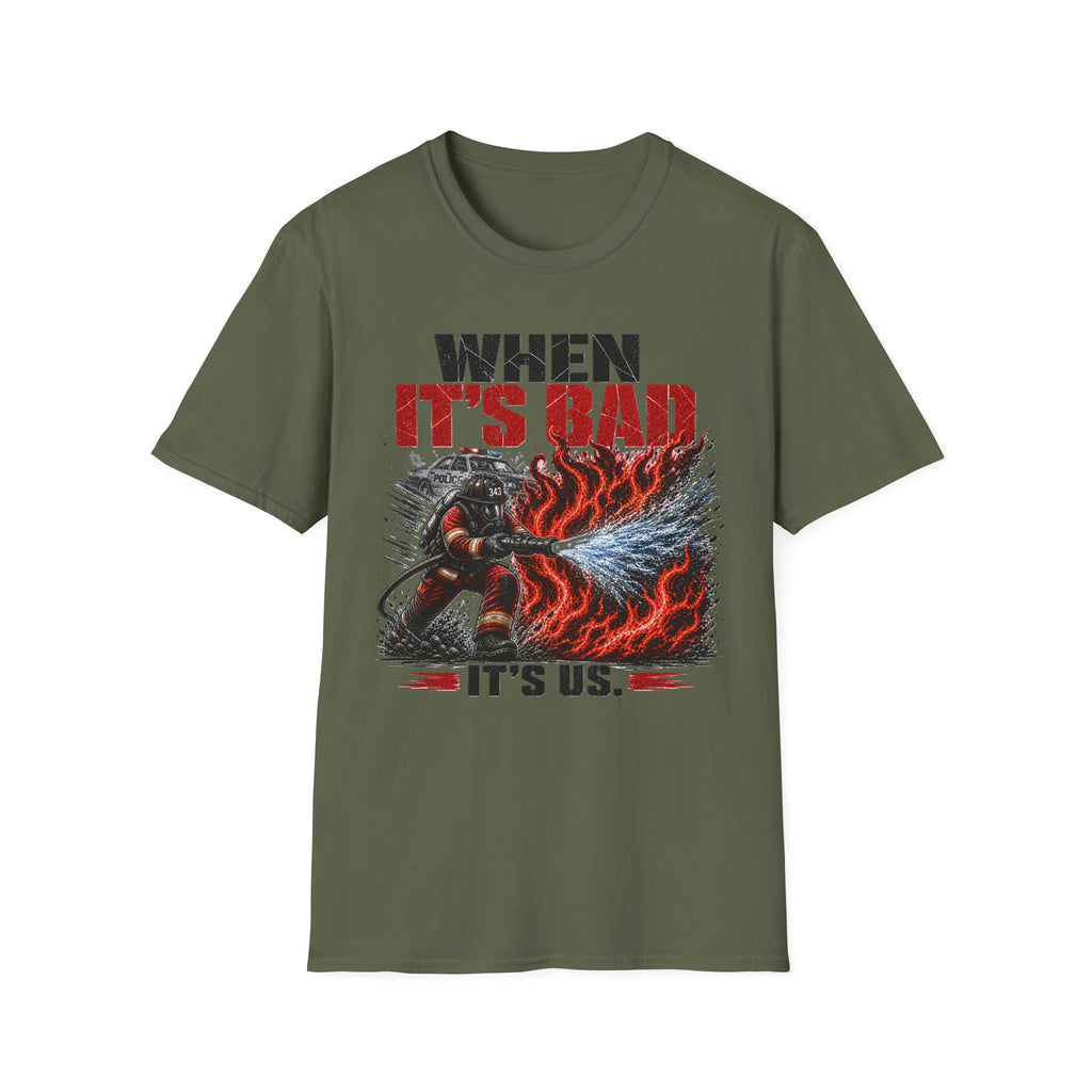 Green t-shirt with graphic design and When It's Bad It's Us text on a white background