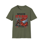 Green t-shirt with graphic design and When It's Bad It's Us text on a white background